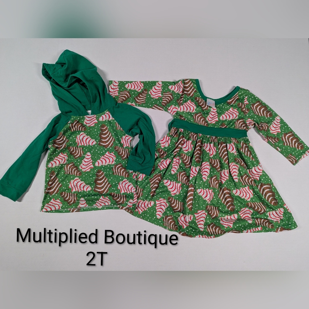 Boy Girl Twins Matching Christmas Tree Cake Top And Dress 2T
